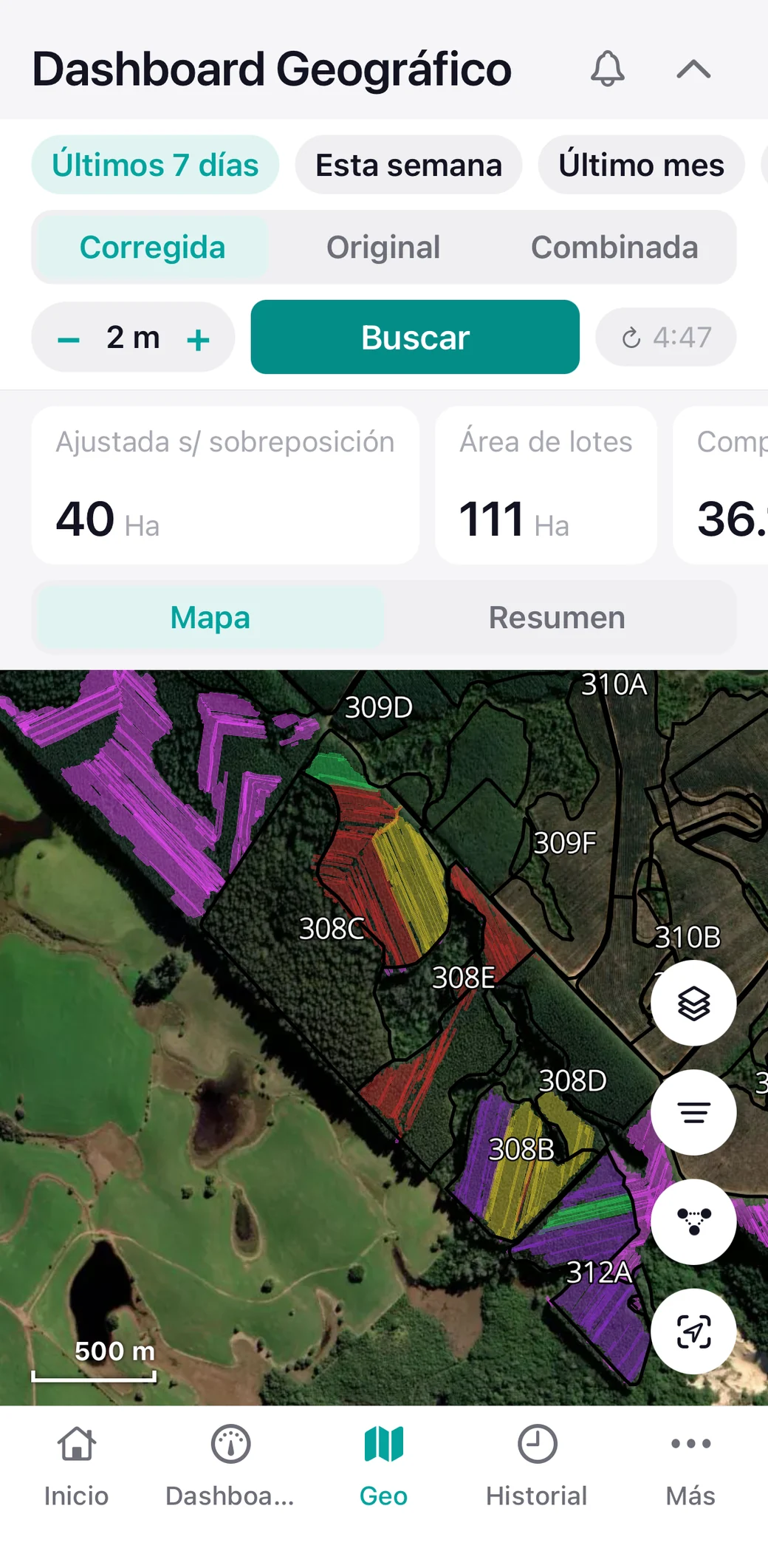 Dashboard geográfico de AiON en el celular: mapa de lotes con calidad de aplicación por color.
