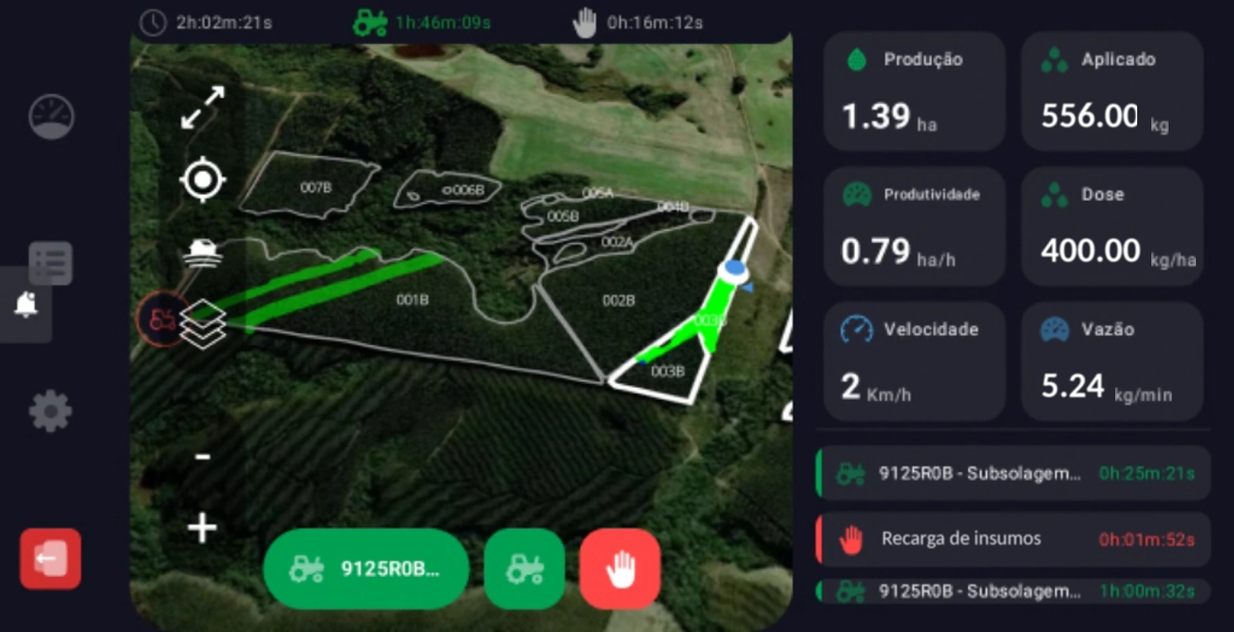 Pantalla de AiON en cabina: mapa del lote, productividad, velocidad y registro de paradas.