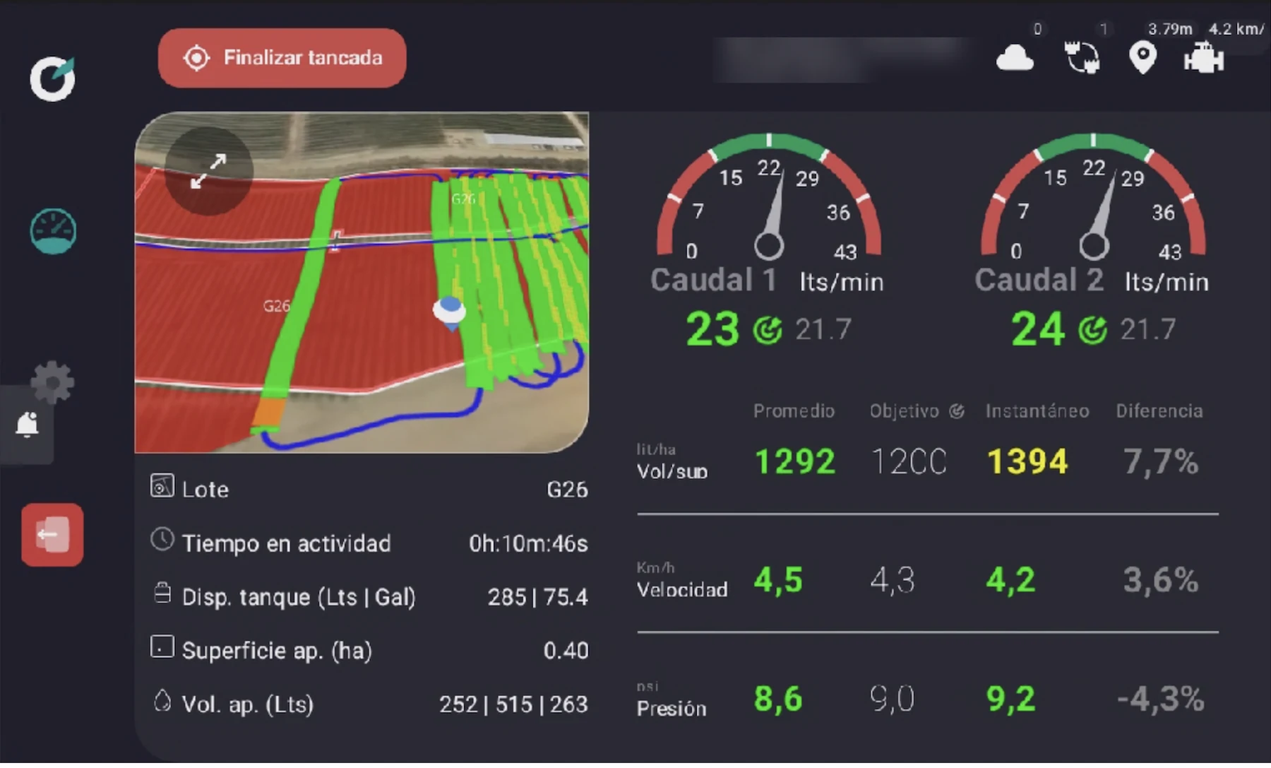 AiON en cabina, aplicación en frutales: caudal por rama, dosis, presión y velocidad contra objetivo.