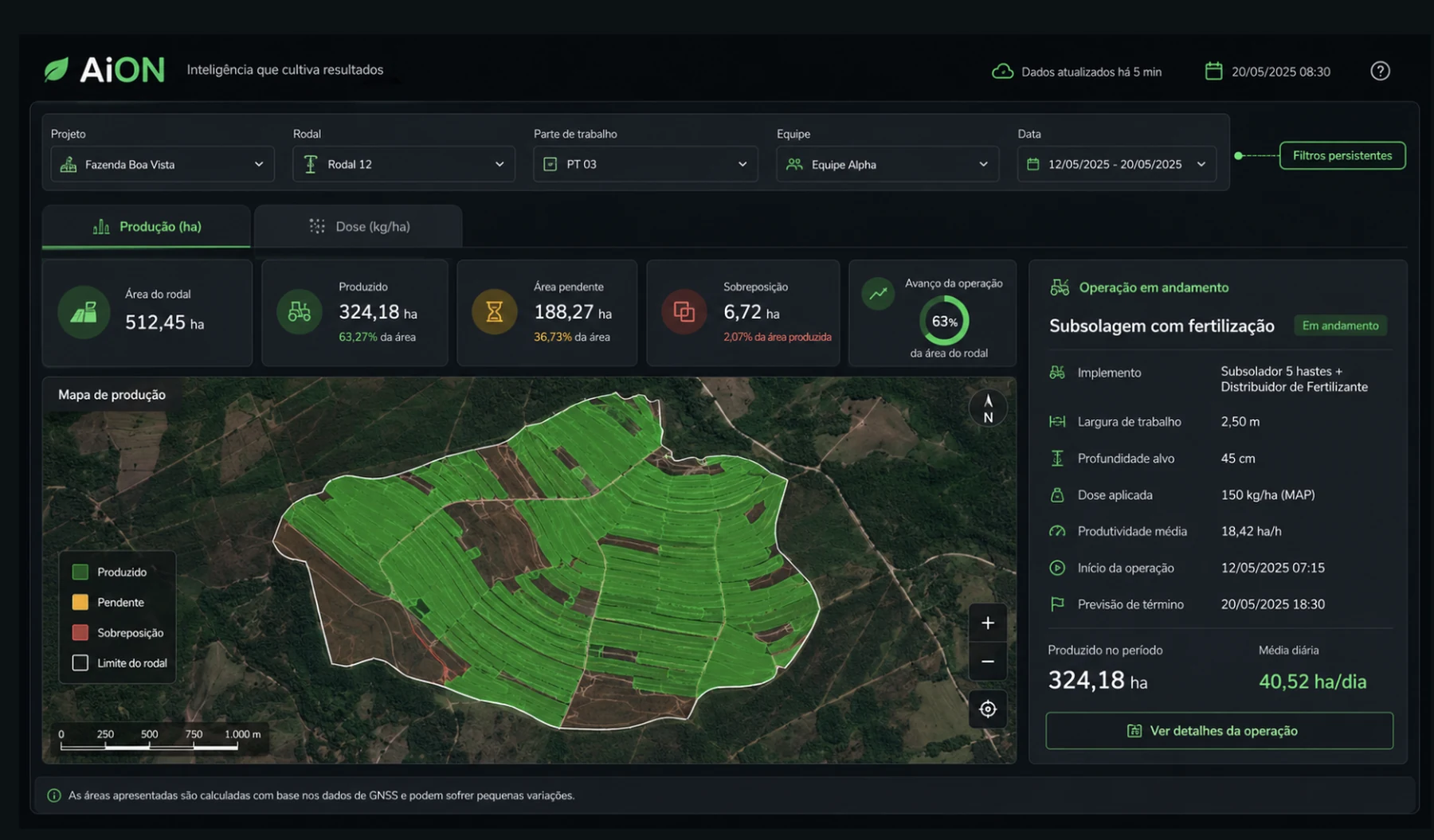 AiON web: avance de la operación sobre el rodal, con área producida, pendiente y sobreposición.